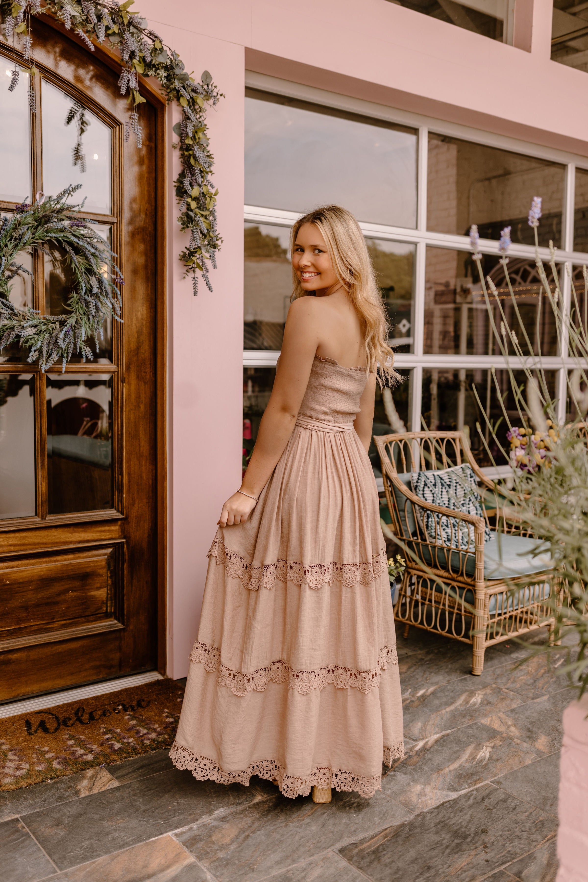 Taupe Smocked Strapless Maxi Dress